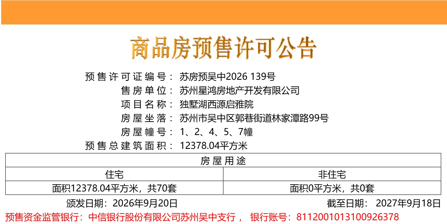 星河湖西源启9月20日领取一张预售证：苏房预吴中2026 139号